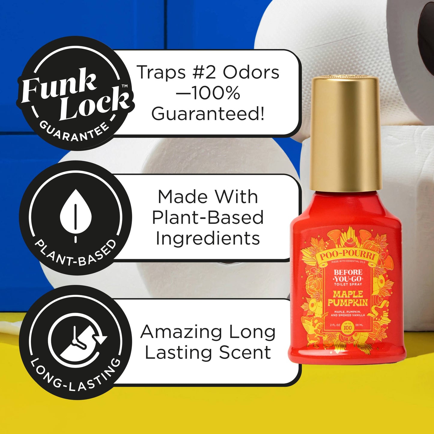 Red bottle with gold cap on a yellow background, featuring 'Funk Lock' product details.