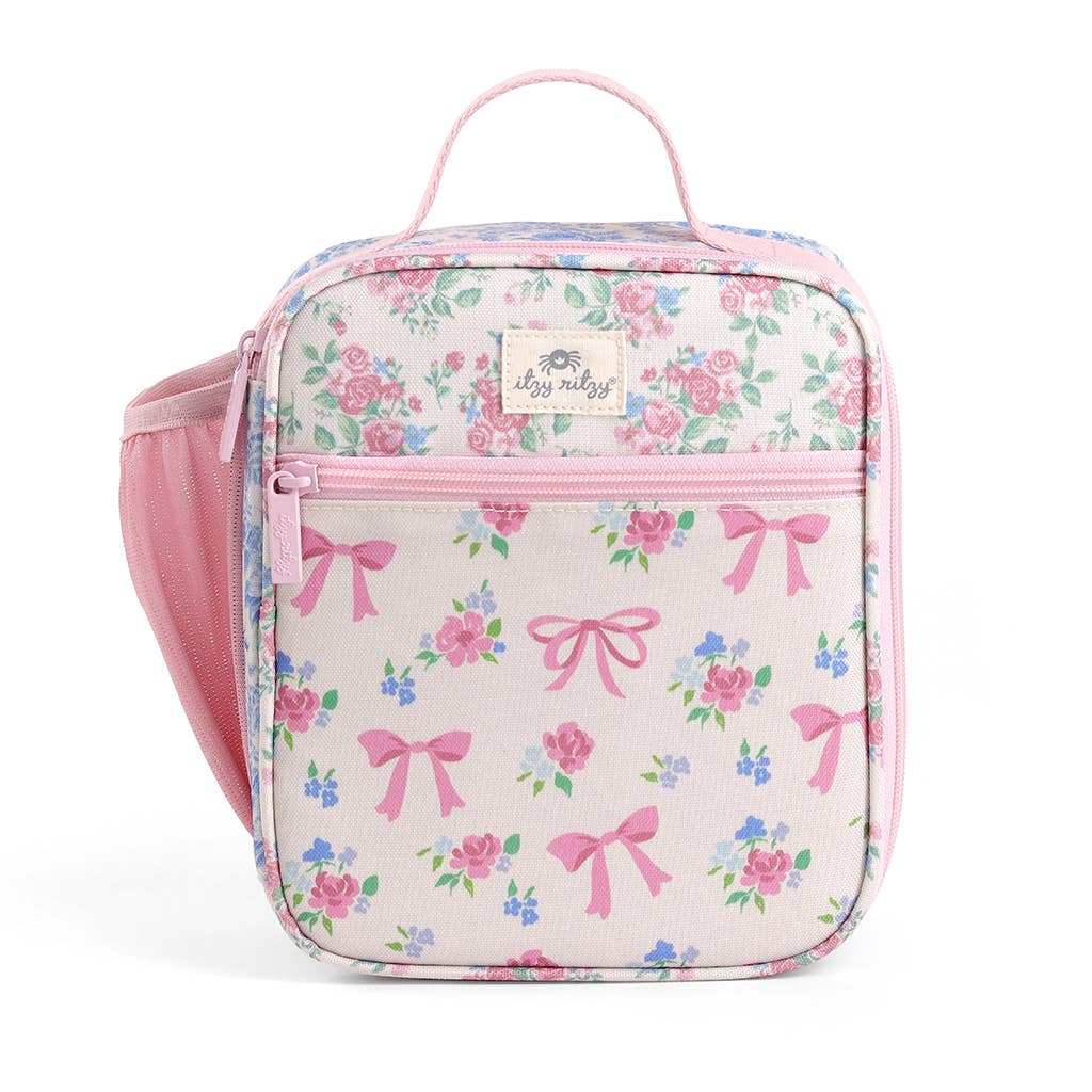 Floral and bow-patterned lunch bag with pink accents on a white background