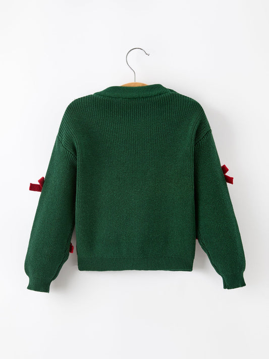 Girls Jolly Candy Cane Bow Knit Sweater
