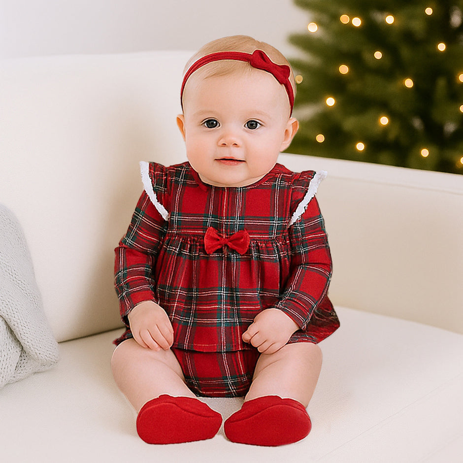 Christmas Bamboo Baby Skirted Bodysuit – Red Holiday Tartan Plaid