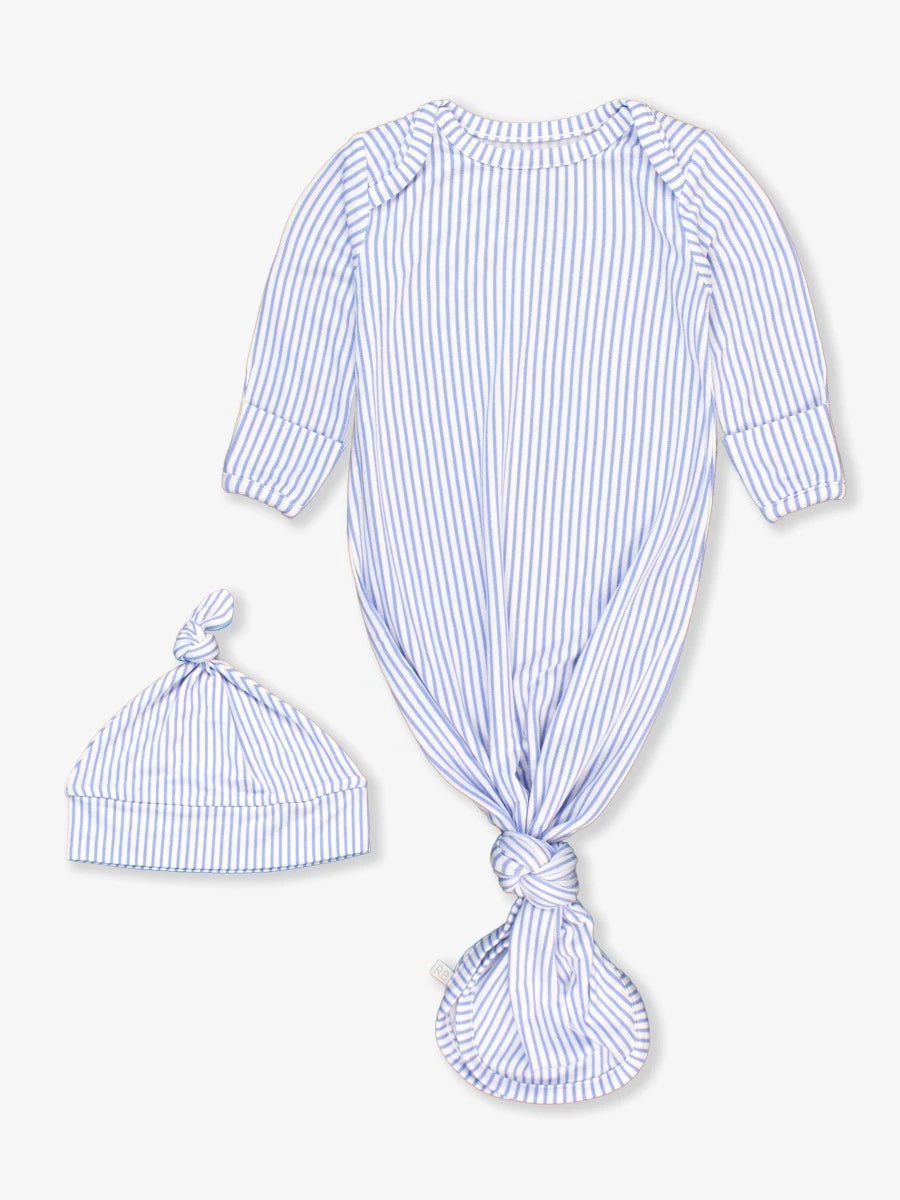 Knotted Sleep Gown & Hat Set - Periwinkle & White Stripe