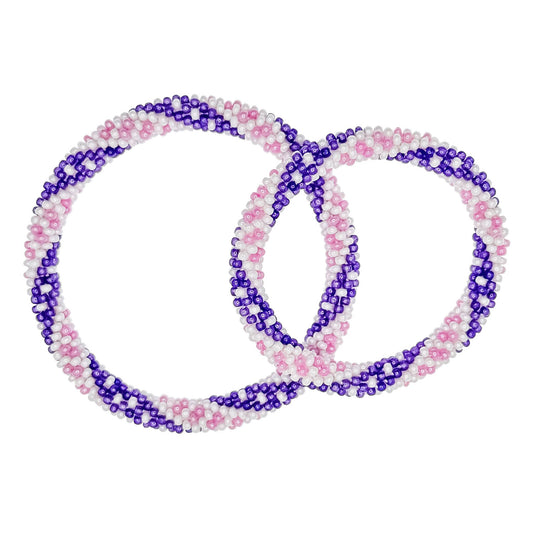 Two beaded necklaces, one pink and one purple, on a white background
