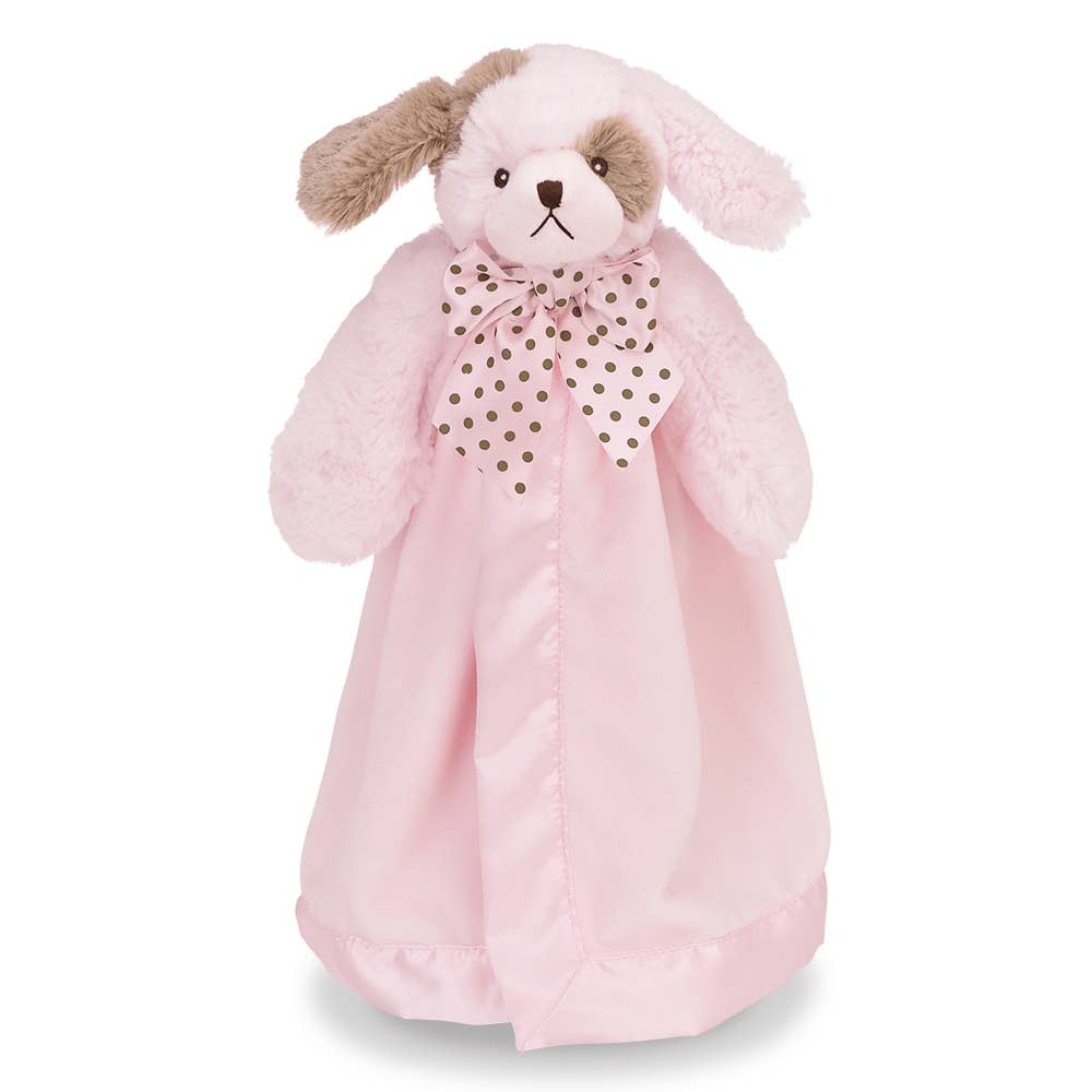 Pink plush toy with a bow on a white background