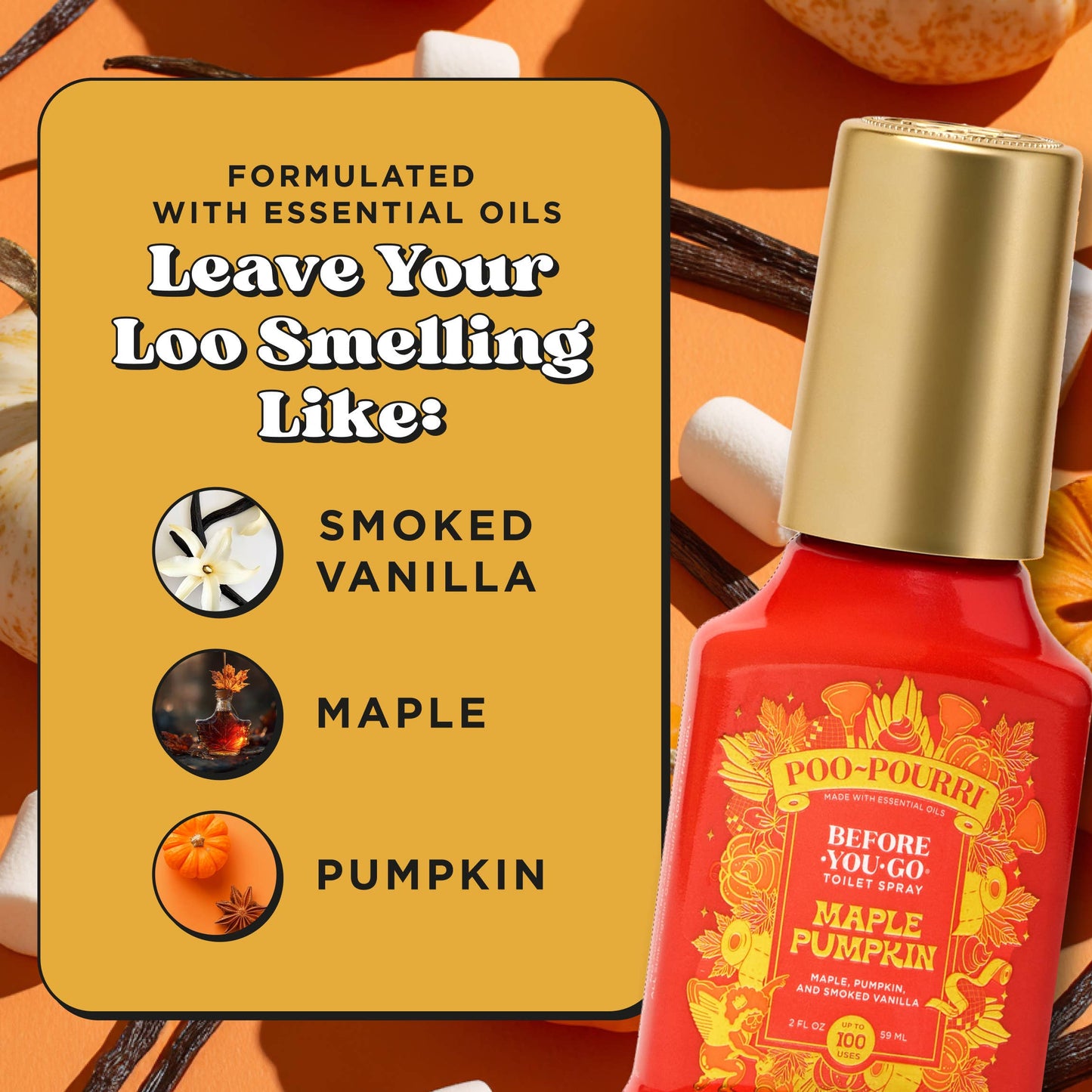 Poo-Pourri bottle with label on a decorative background