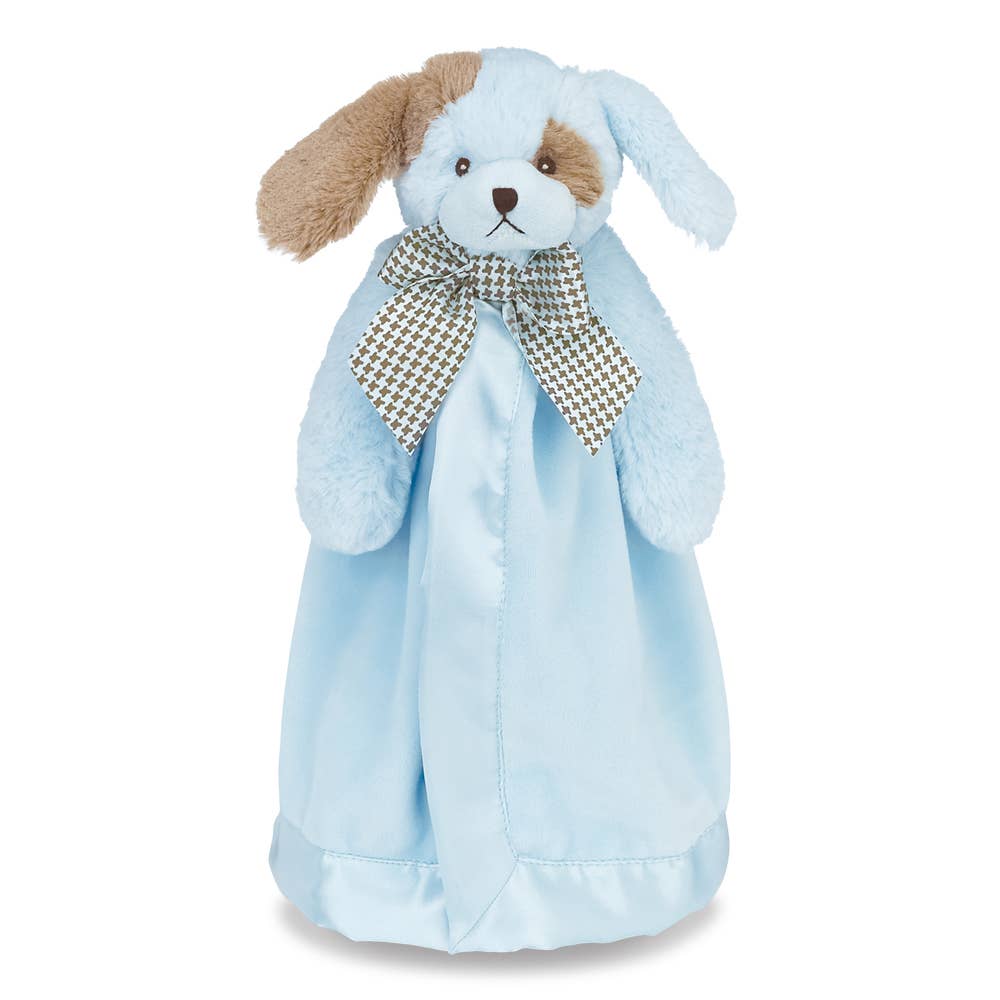 Blue plush toy with a bow on a white background