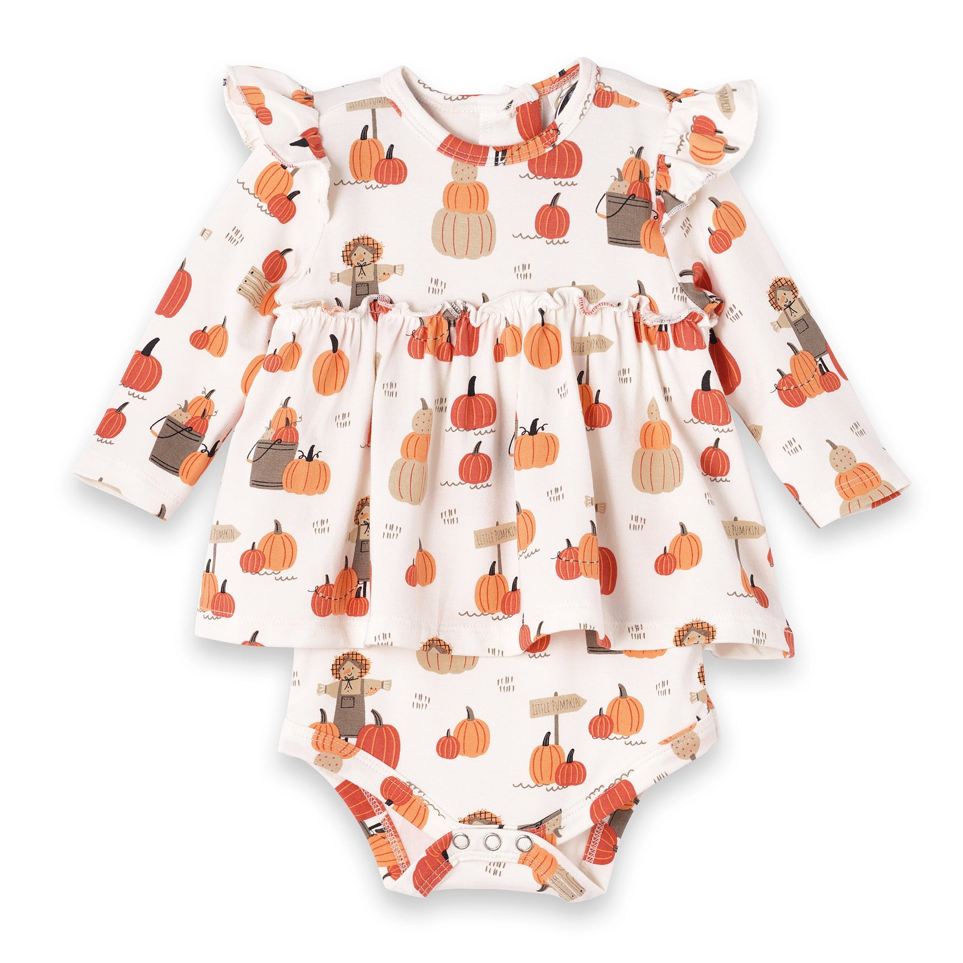 Baby romper with pumpkin and scarecrow pattern on a white background