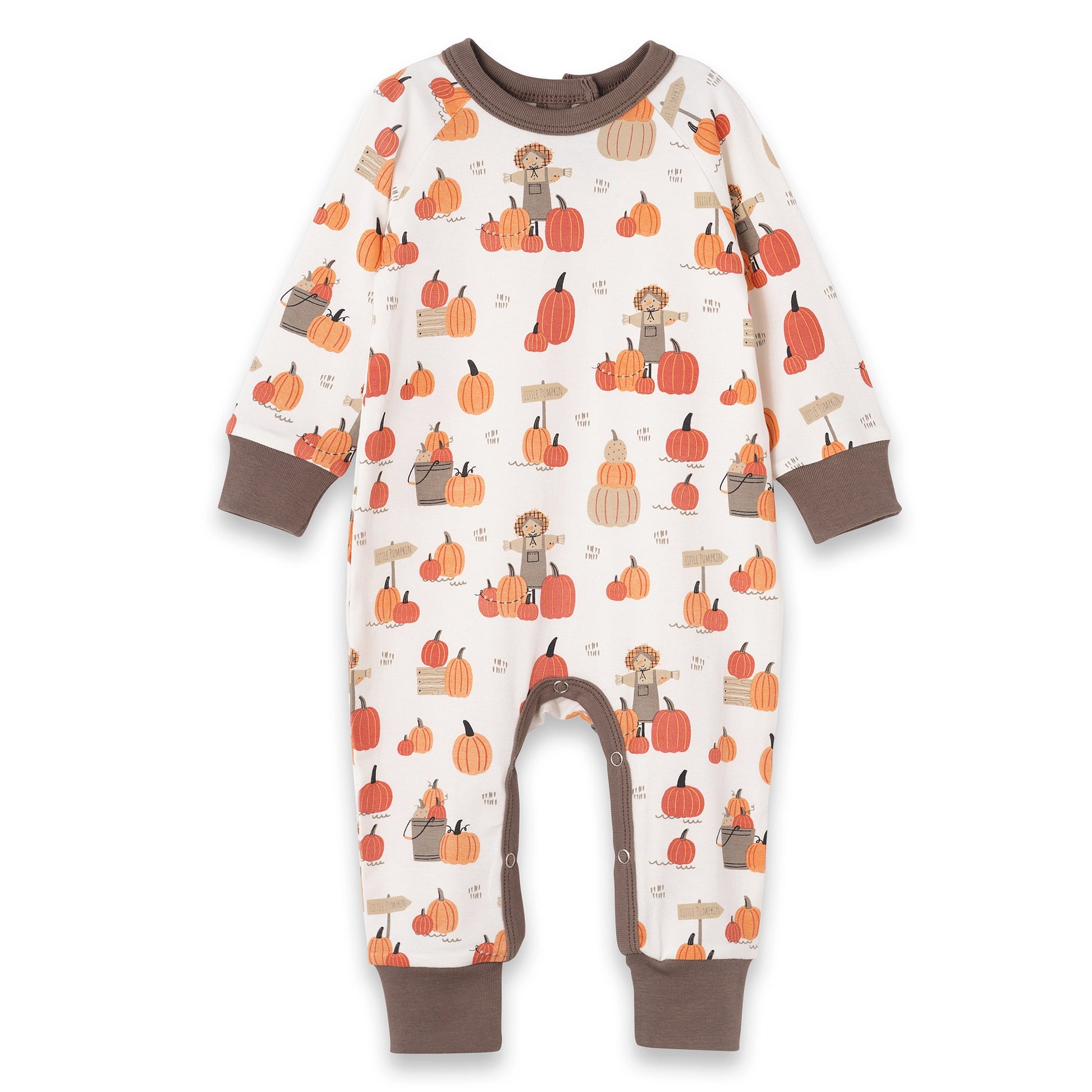 Baby onesie with pumpkin and scarecrow pattern on a white background