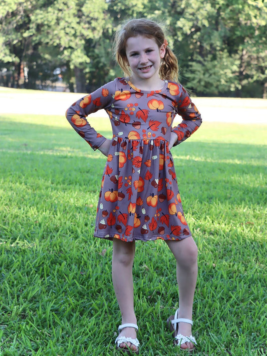 Fall Autumn Leaves Pine Cone Stripe Print Girls Dress