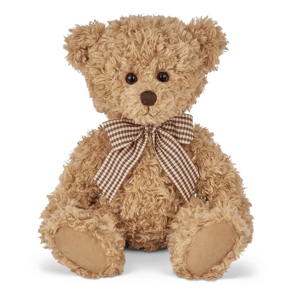 Brown teddy bear with a checkered bow on a white background