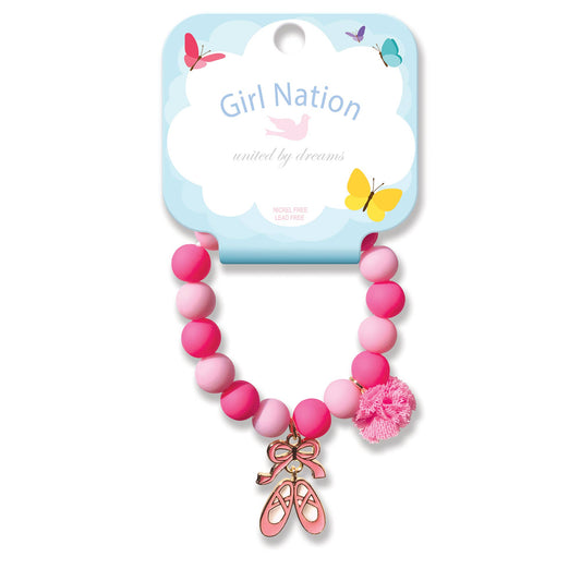 Pink beaded necklace with a ballet slipper charm on a 'Girl Nation' branded card.