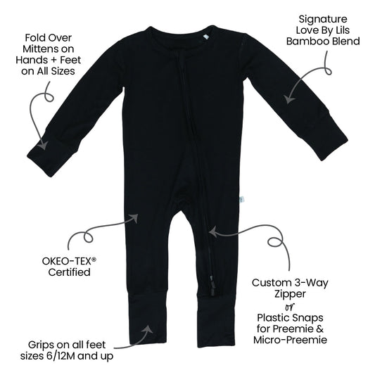Black baby onesie with features labeled on a white background
