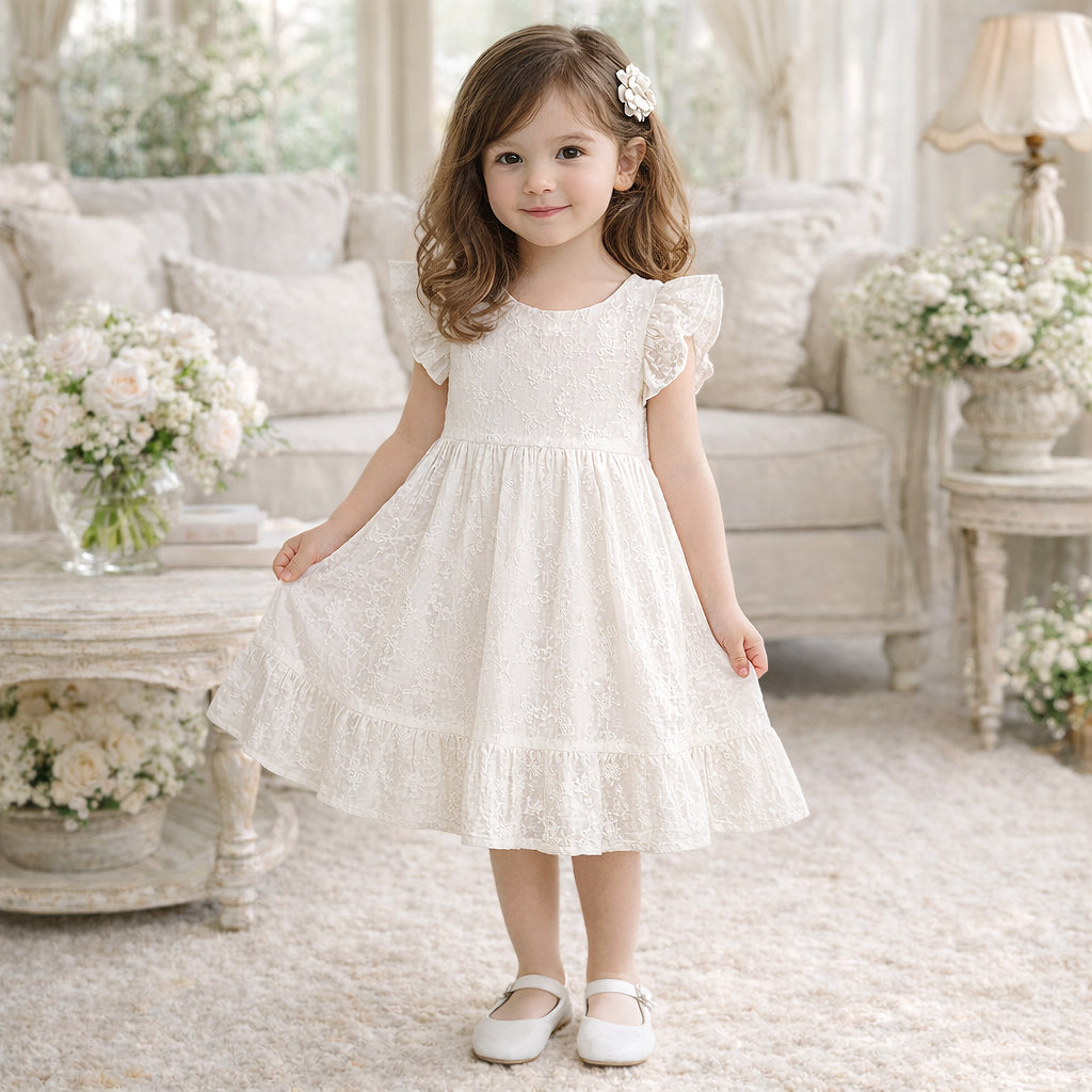 Cotton Embroidered Dress with Flutter Sleeves