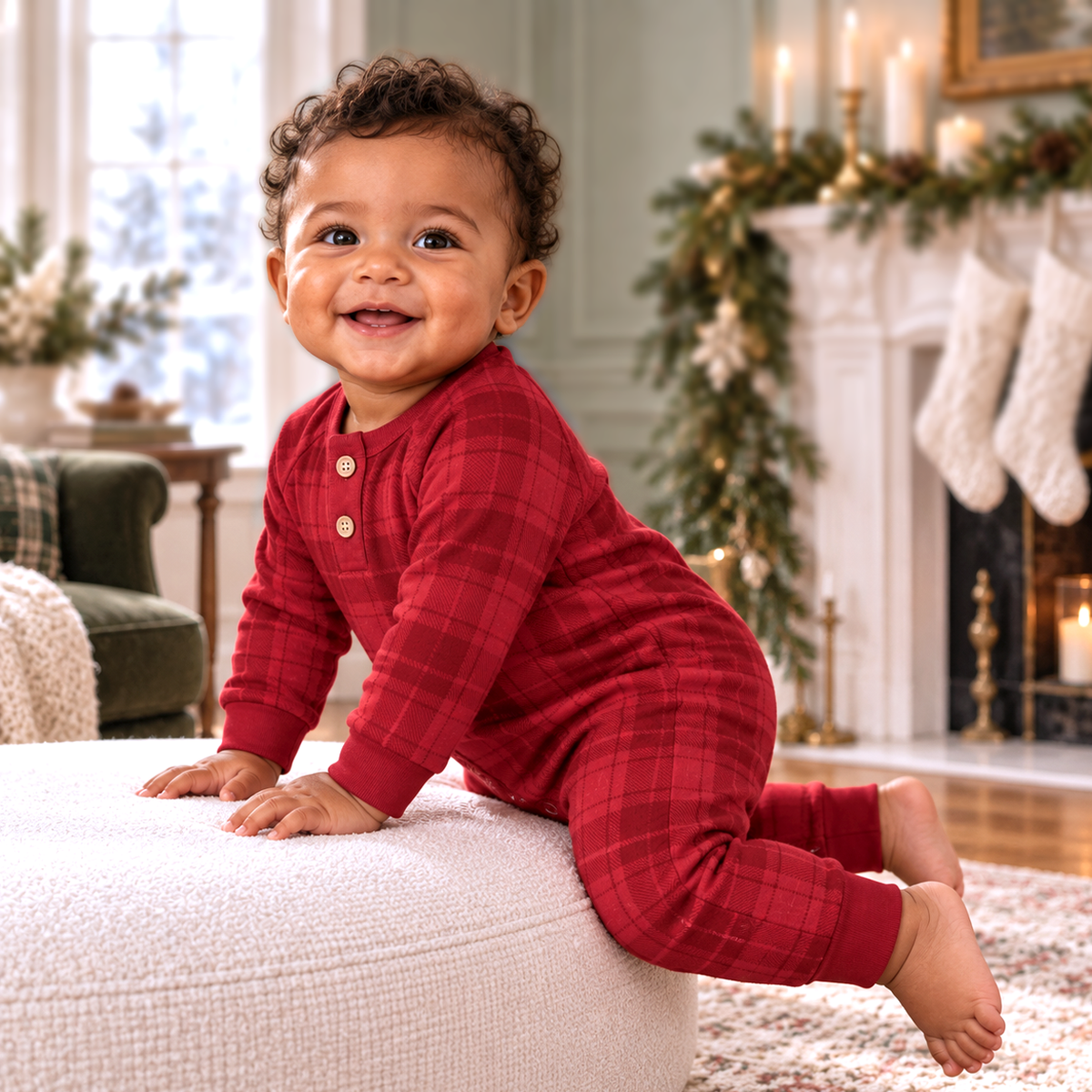 Red Plaid Henley Romper