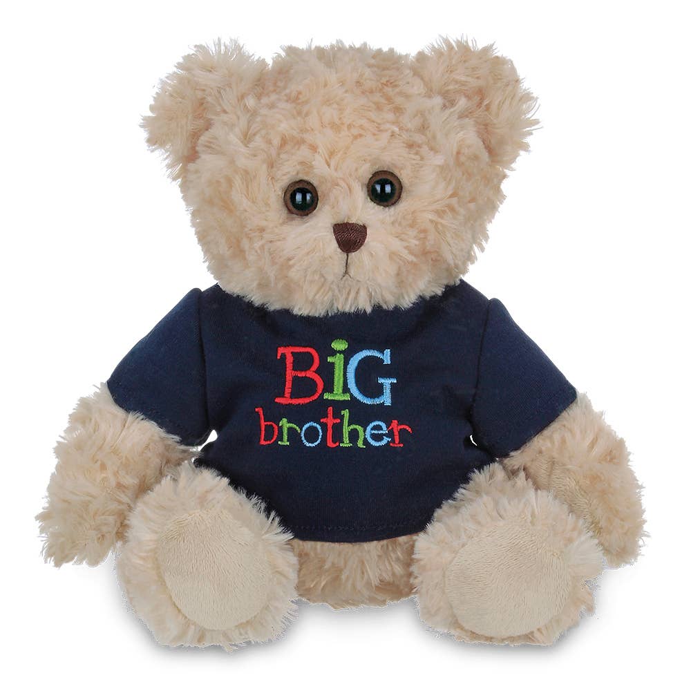 Beige teddy bear wearing a navy blue shirt with 'Big brother' text on a white background