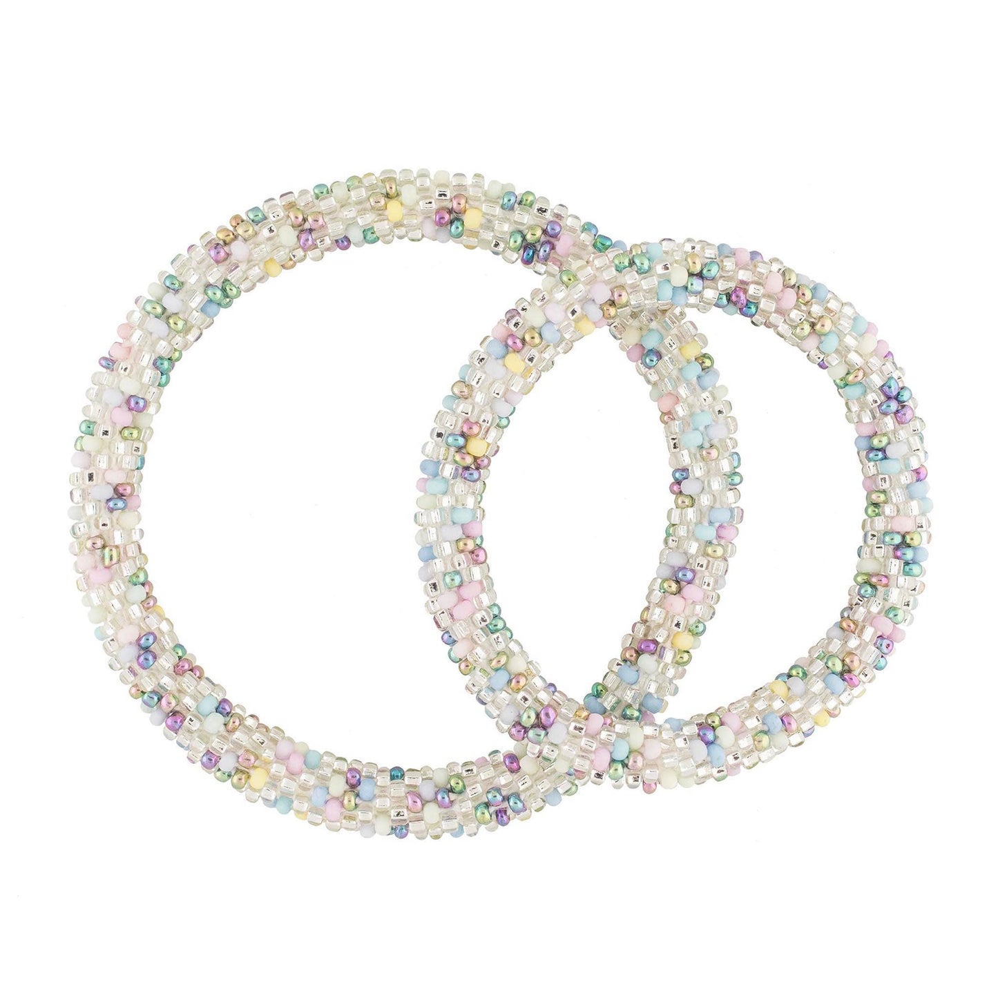 Two multicolored beaded bracelets on a white background