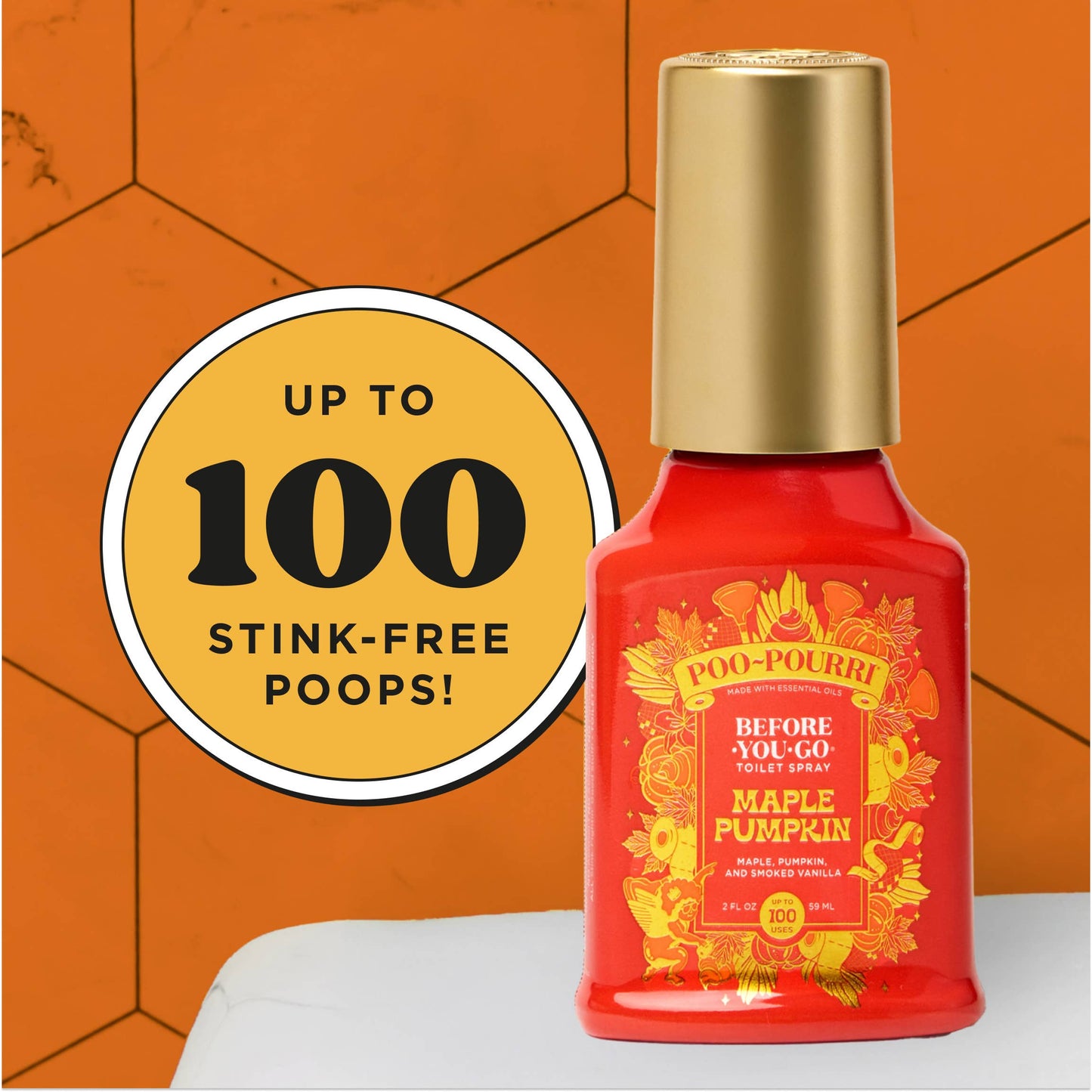 Orange bottle of Po-Pourri with gold cap on an orange geometric patterned background