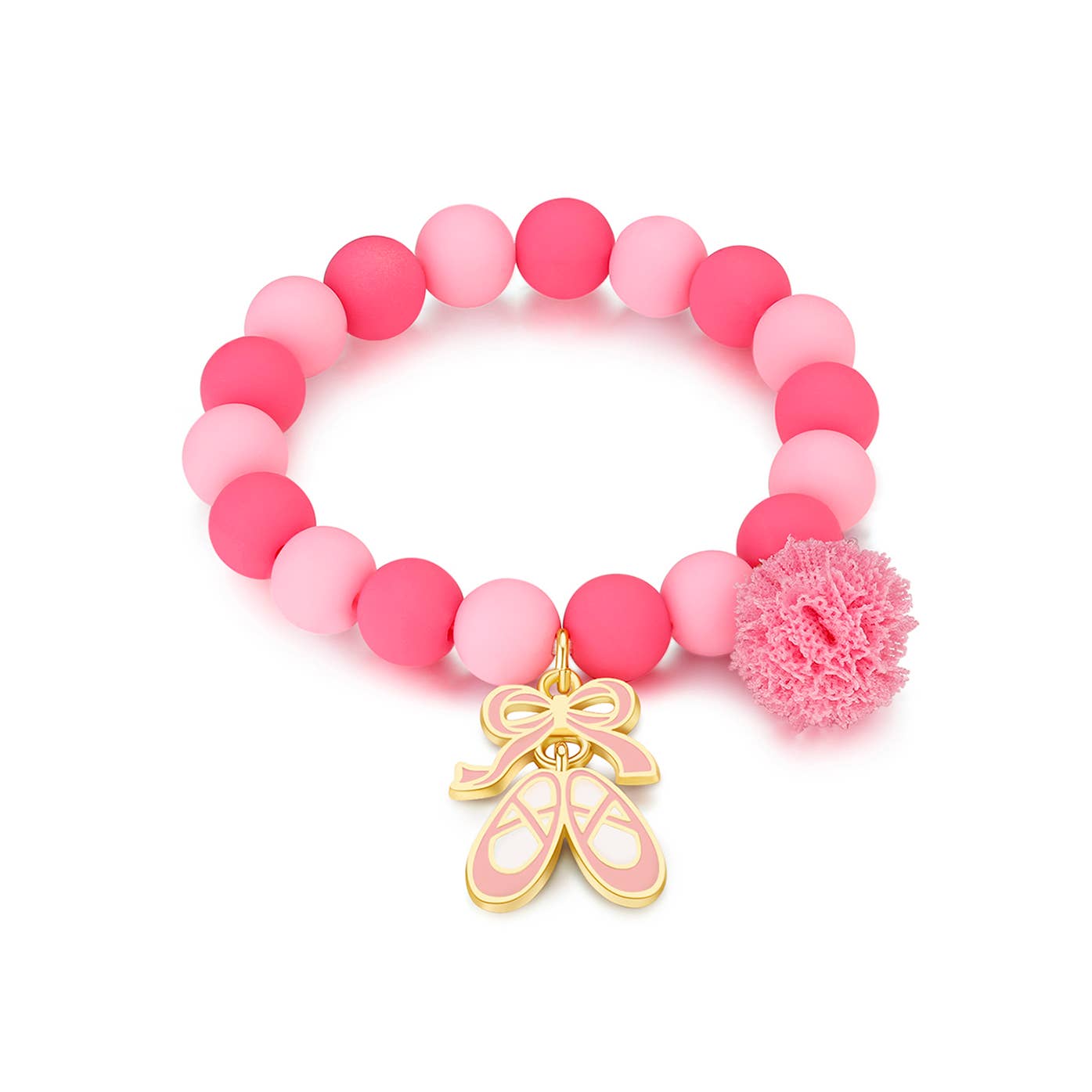 Pink beaded bracelet with a gold ballet slipper charm on a white background