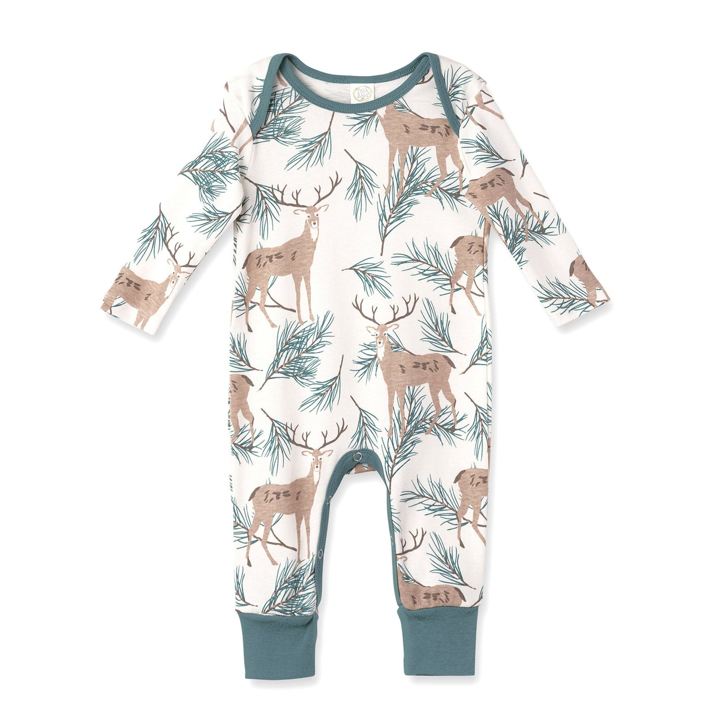 Baby onesie with deer and pine tree pattern on a white background