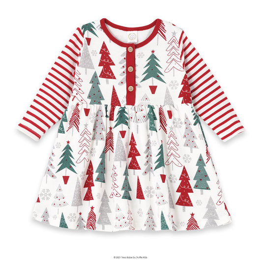 Children's dress with Christmas tree pattern and red stripes on a white background