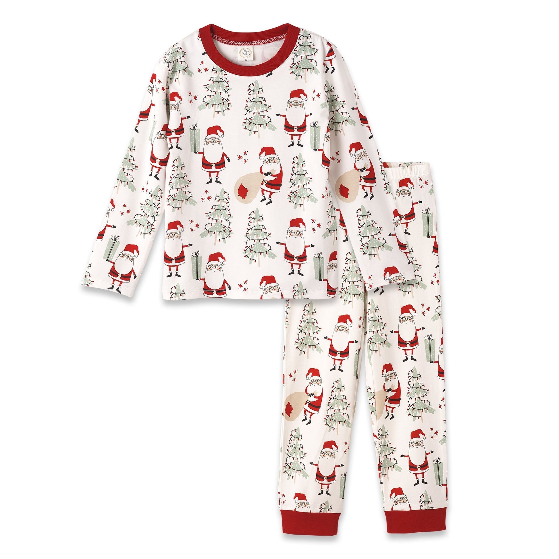 Children's pajama set with Christmas tree and Santa Claus pattern on a white background