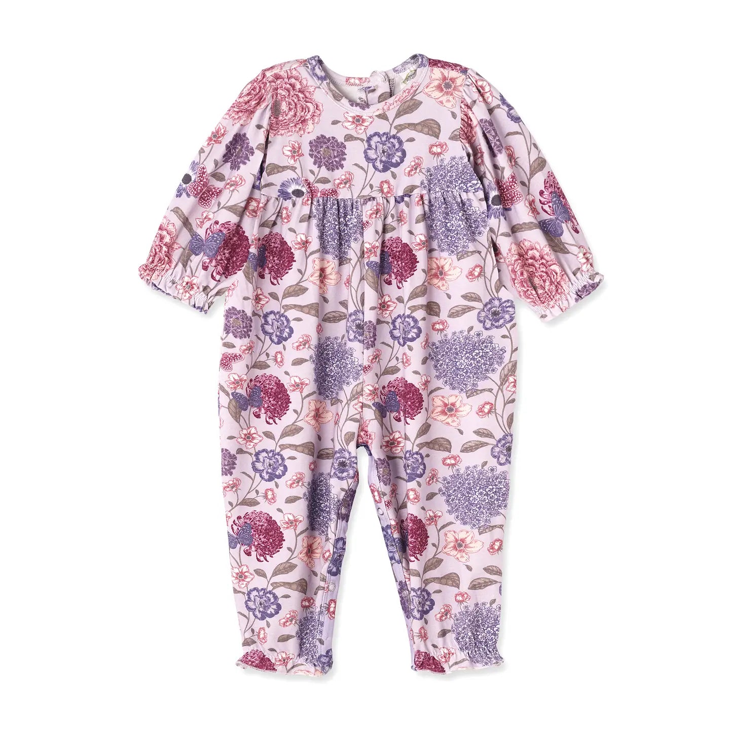 Floral patterned baby onesie on a white background