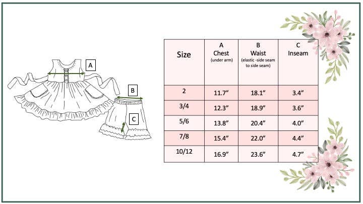 Size chart for children's clothing with floral designs on a white background
