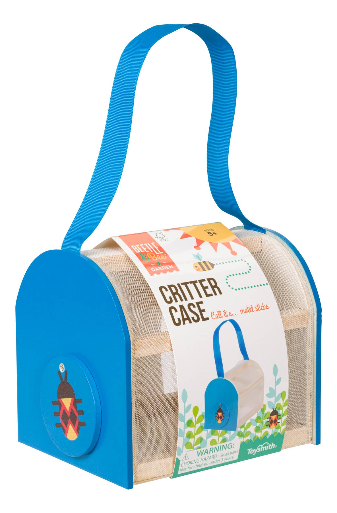 Blue and wooden critter case with a label on a white background