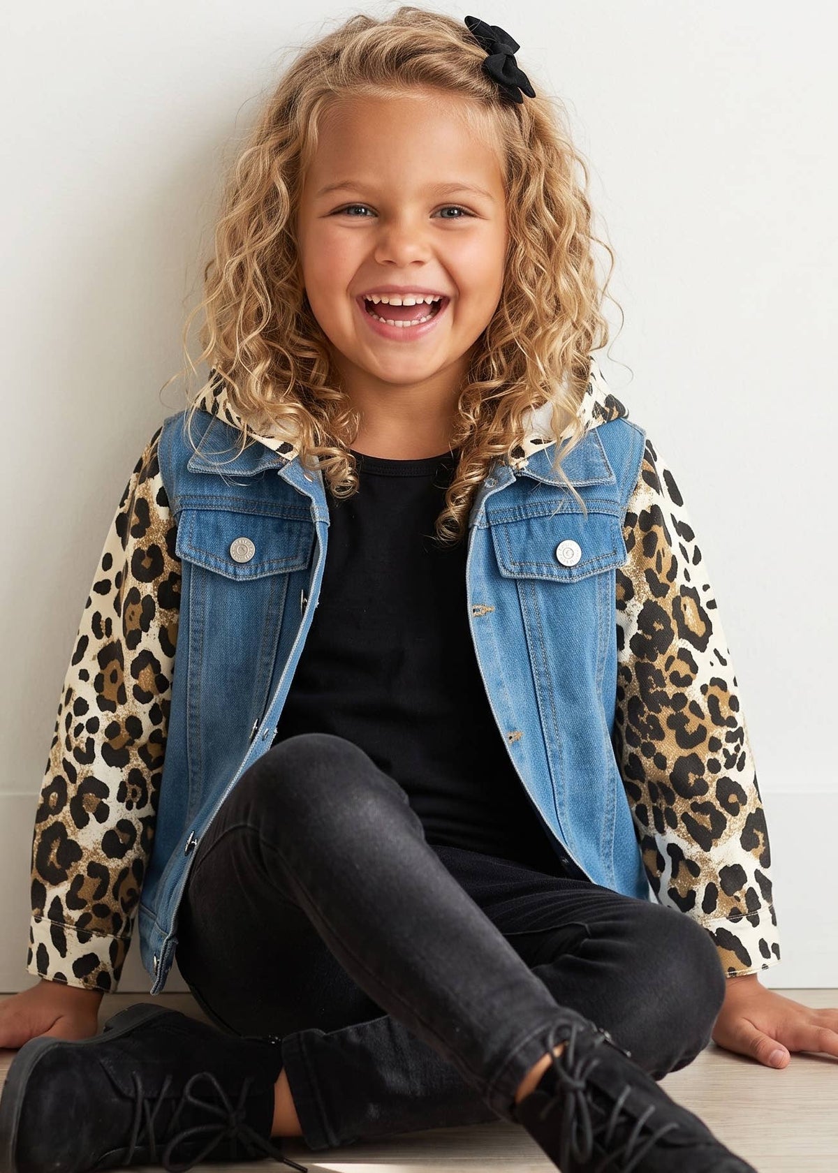 A young girl with curly blonde hair wearing a hooded denim jacket with leopard print sleeves, a black top, and black pants, sitting against a plain white wall.
