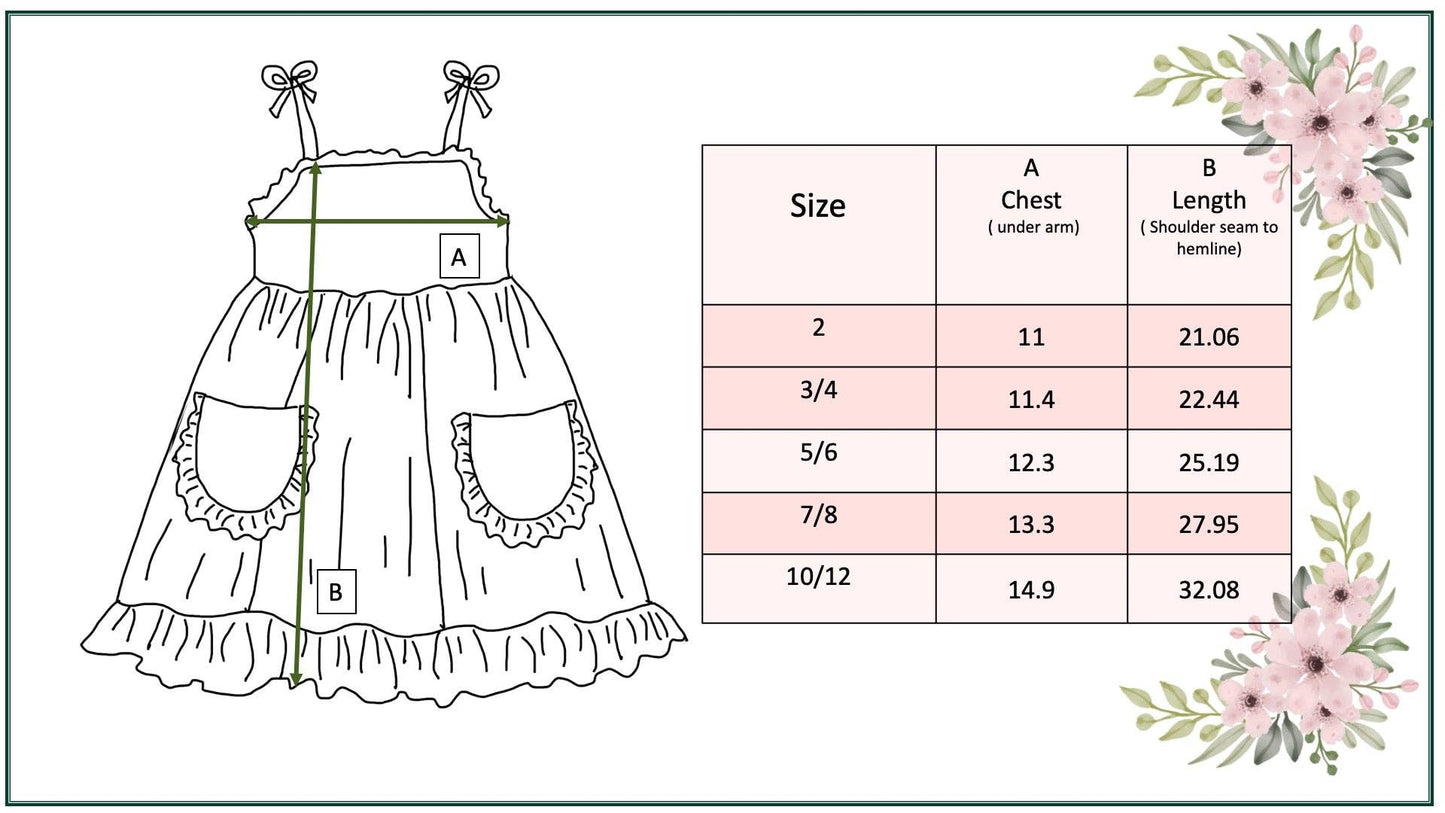 Illustration of a dress with a size chart on a light background with floral elements.