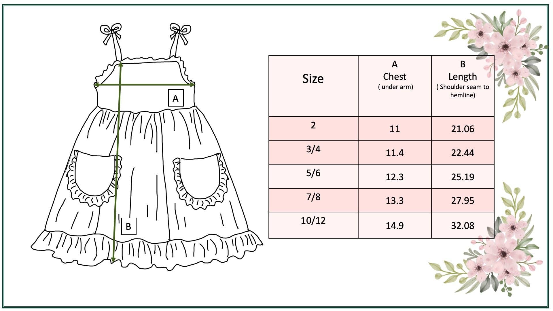 Illustration of a dress with a size chart on a light background with floral elements.