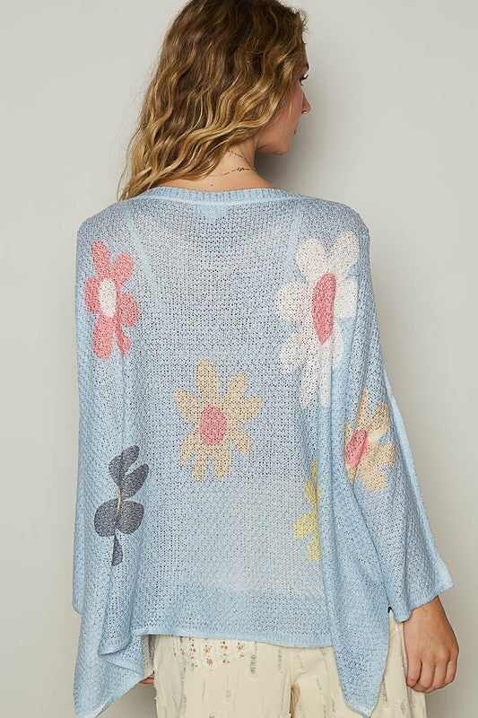 Flower Dropped Shoulder Long Sleeve Knit Top by POL