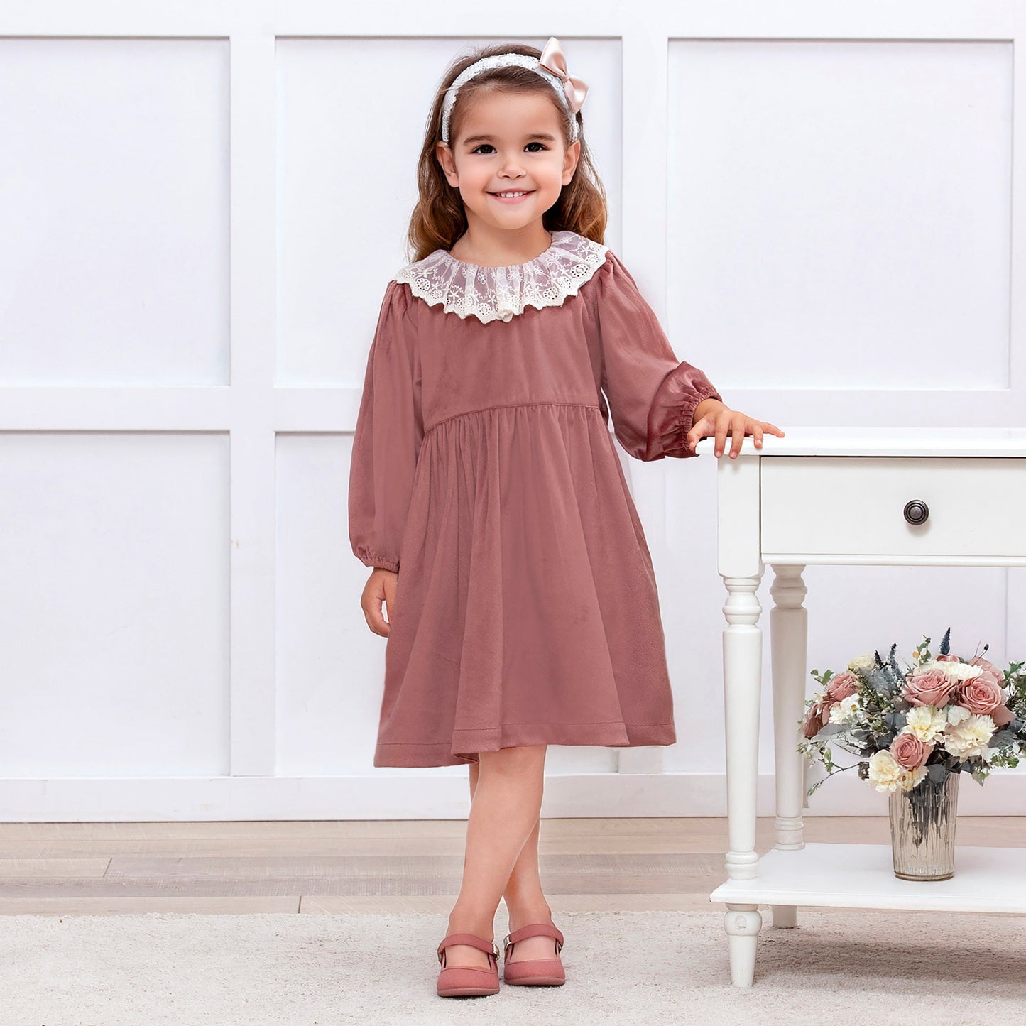 Mauve Velvet Girl's Dress – Lace Collar Special Occasion
