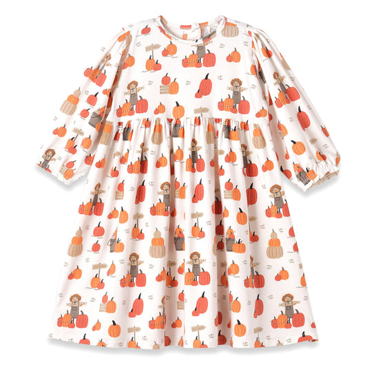 Children's dress with pumpkin and lion pattern on a white background