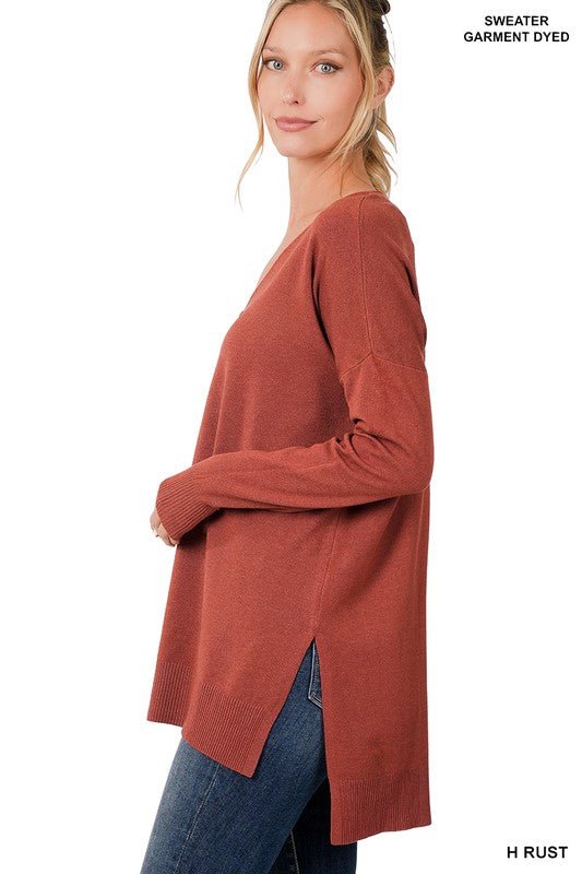 Hi-Low Hem V-Neck Center Seam Sweater