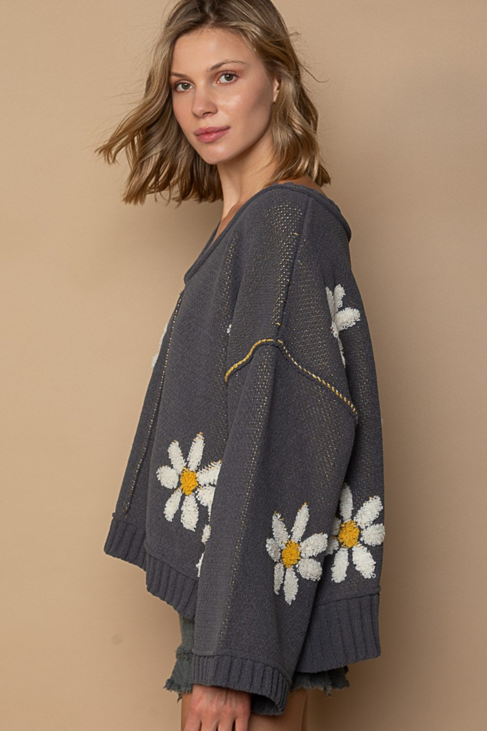 POL V-Neck Floral Pattern Chenille Sweater