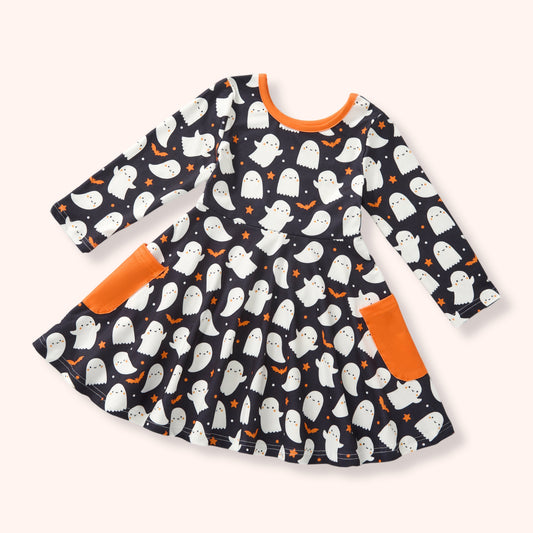 Children's Halloween themed dress with ghosts & bats on a white background
