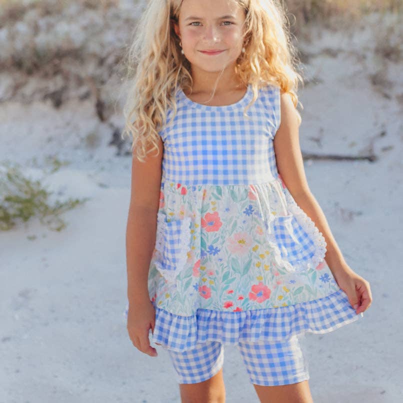 Girls Periwinkle Gingham Ruffle Short Set