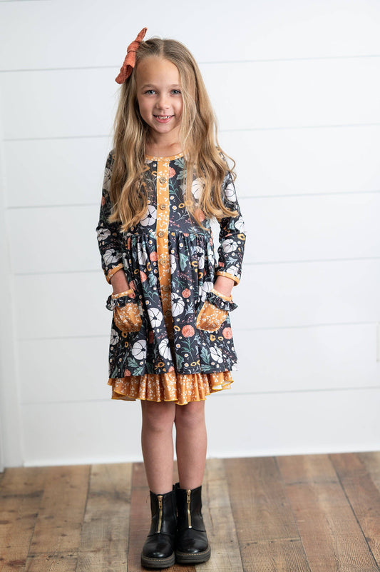 Mustard Pumpkin Ruffle Fall Tiered Dress