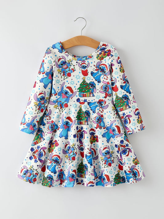 Children's dress with cartoon character print on a hanger against a white background