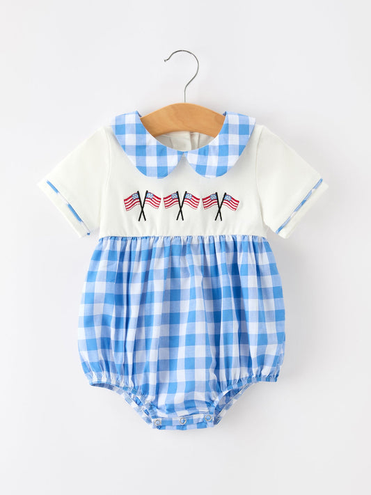Baby romper with checkered pattern and collar on a white background