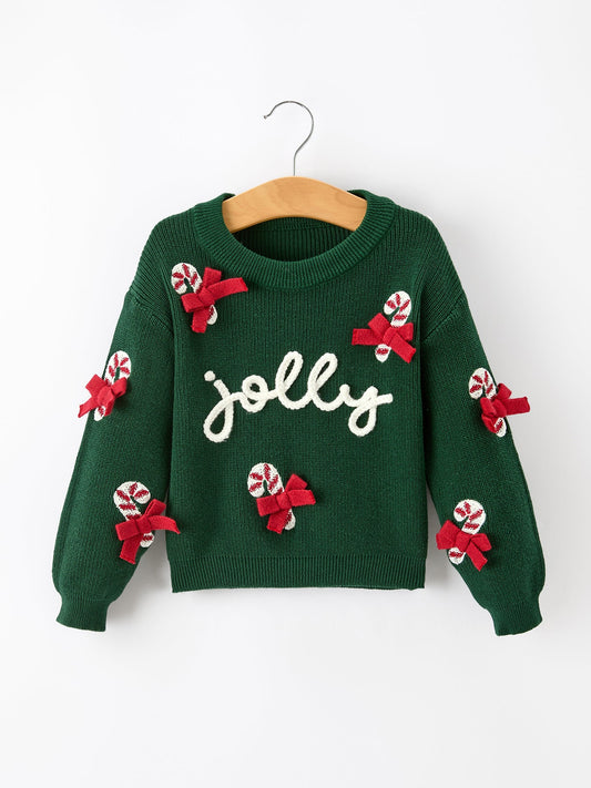 Girls Jolly Candy Cane Bow Knit Sweater