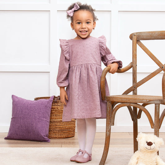 Mauve Eyelet Girls Dress – Embroidered Cotton Ruffle Sleeve