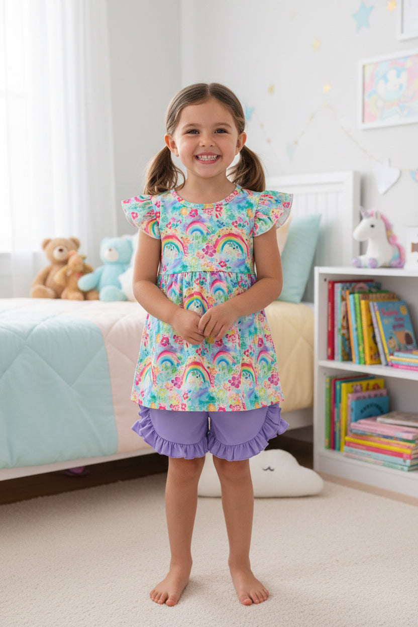 Colorful rainbow-patterned dress with ruffled sleeves and matching purple shorts on a white background