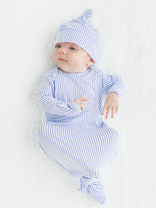 Knotted Sleep Gown & Hat Set - Periwinkle & White Stripe