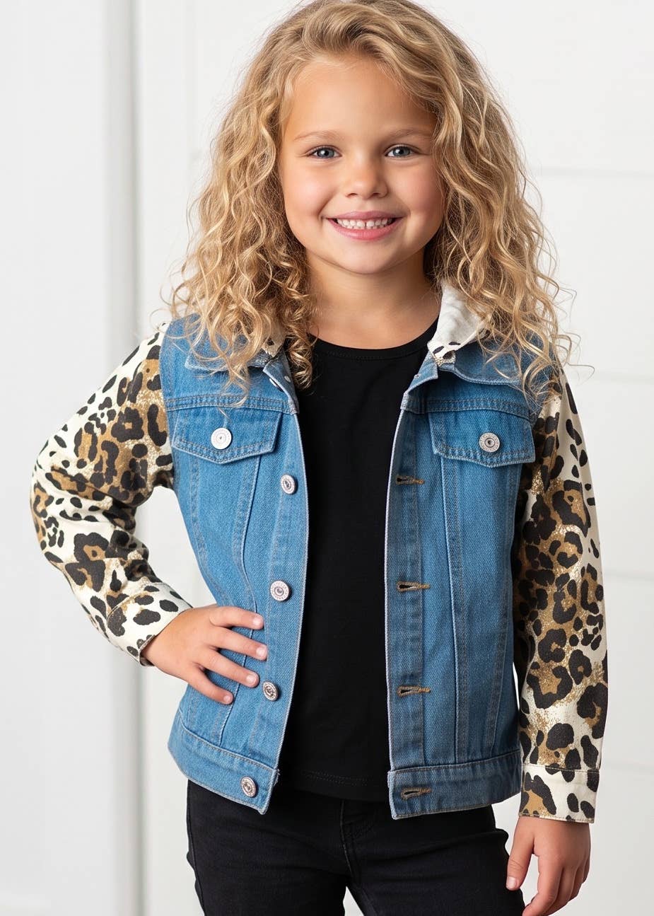 A young girl with curly blonde hair wearing a blue denim jacket with leopard print sleeves, layered over a black t-shirt and black pants, posing against a white paneled wall.