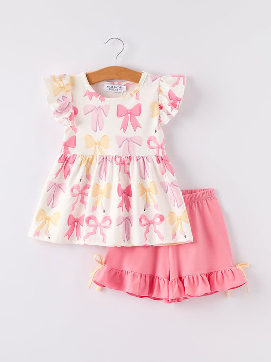 BACK TO SCHOOL Girl's Summer Bow Short Sleeve Shorts Set