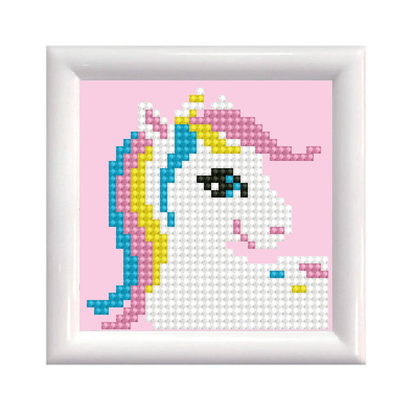 Diamond painting of a unicorn on a pink background with a white frame