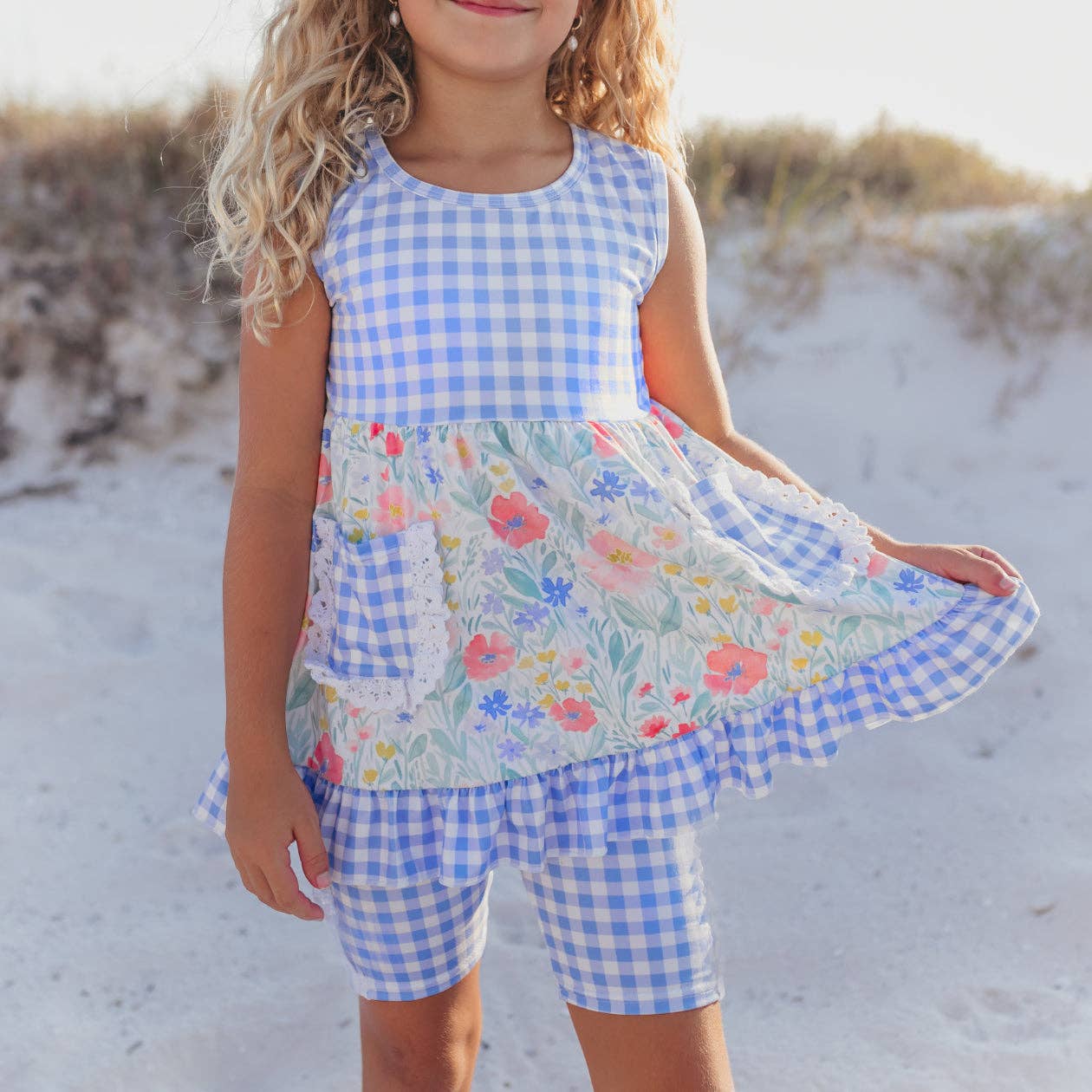 Girls Periwinkle Gingham Ruffle Short Set