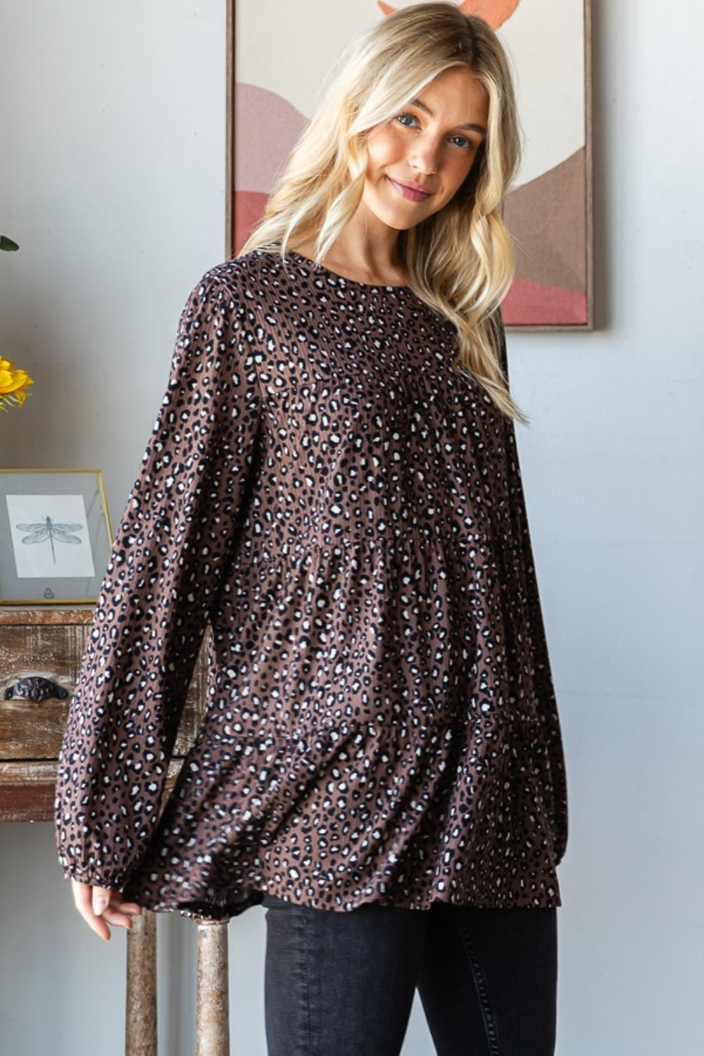 Heimish Leopard Long Sleeve Tiered Blouse