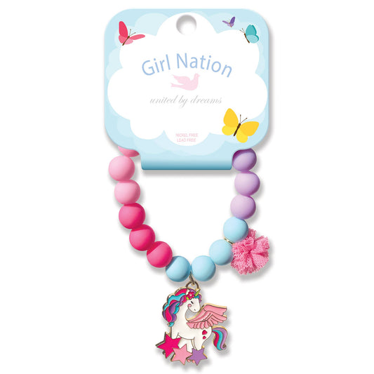 Colorful beaded necklace with a unicorn charm on a 'Girl Nation' branded card.